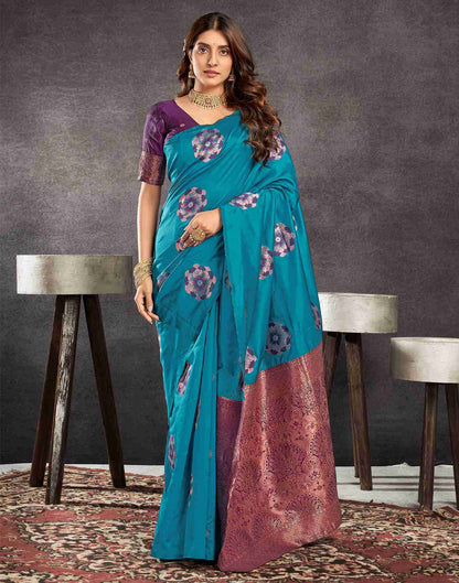 Teal Blue Silk Woven Weaving Saree