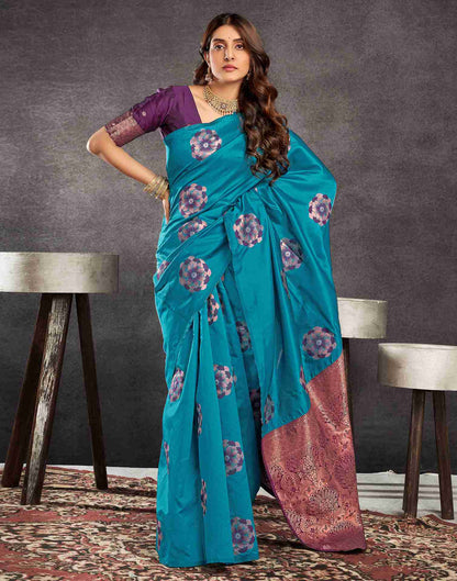 Teal Blue Silk Woven Weaving Saree