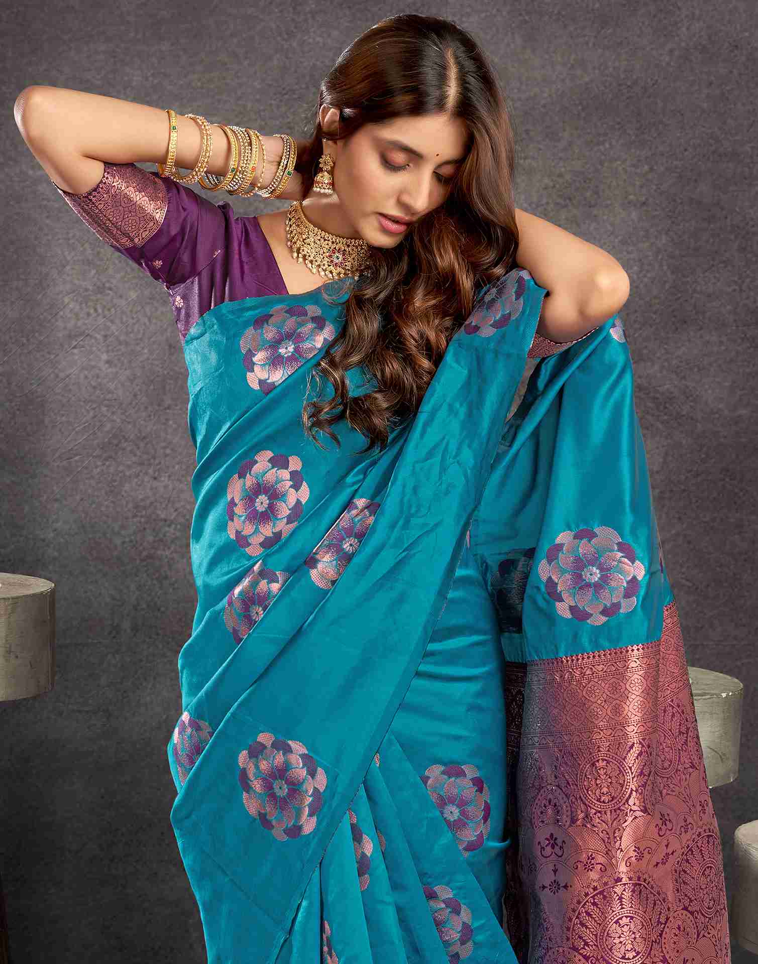 Teal Blue Silk Woven Weaving Saree