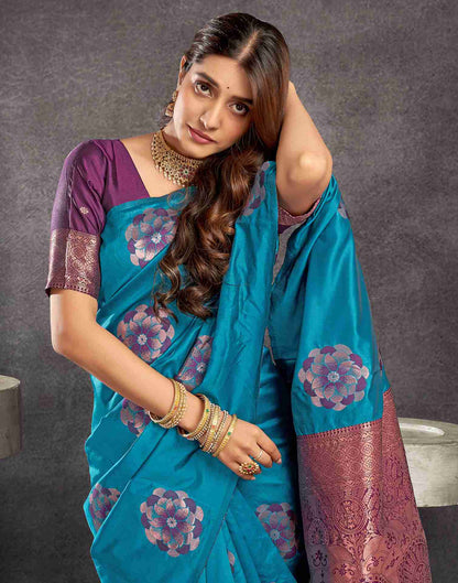 Teal Blue Silk Woven Weaving Saree