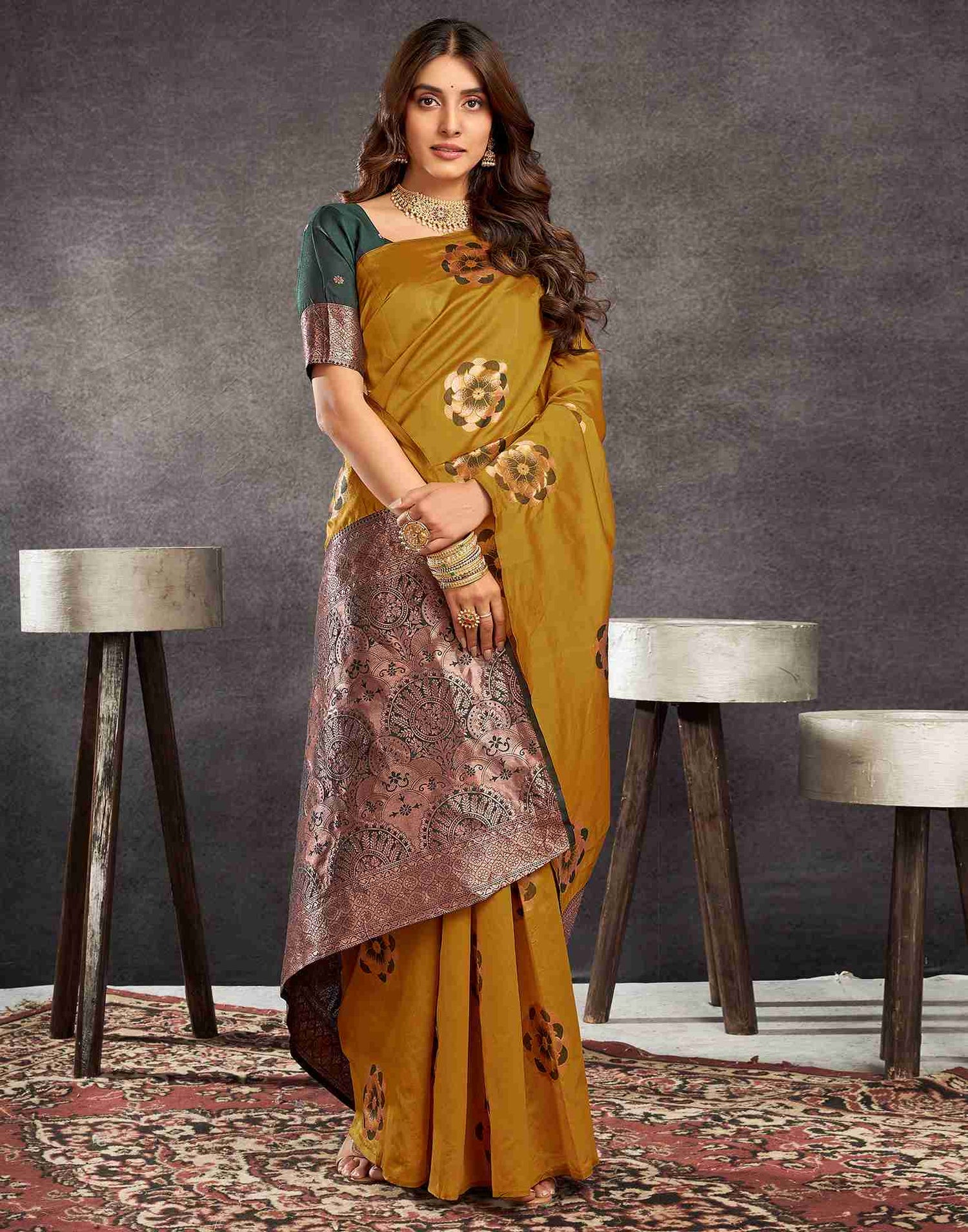 Mustard Yellow Silk Woven Weaving Saree