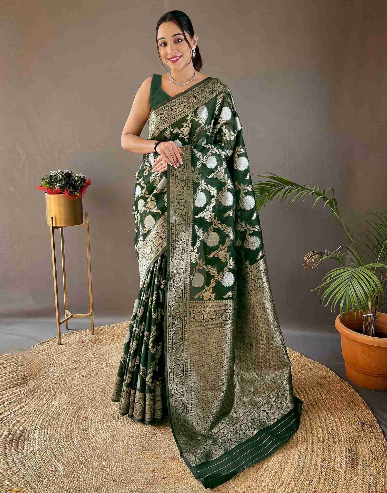 Dark Green Woven Banarasi Silk Saree