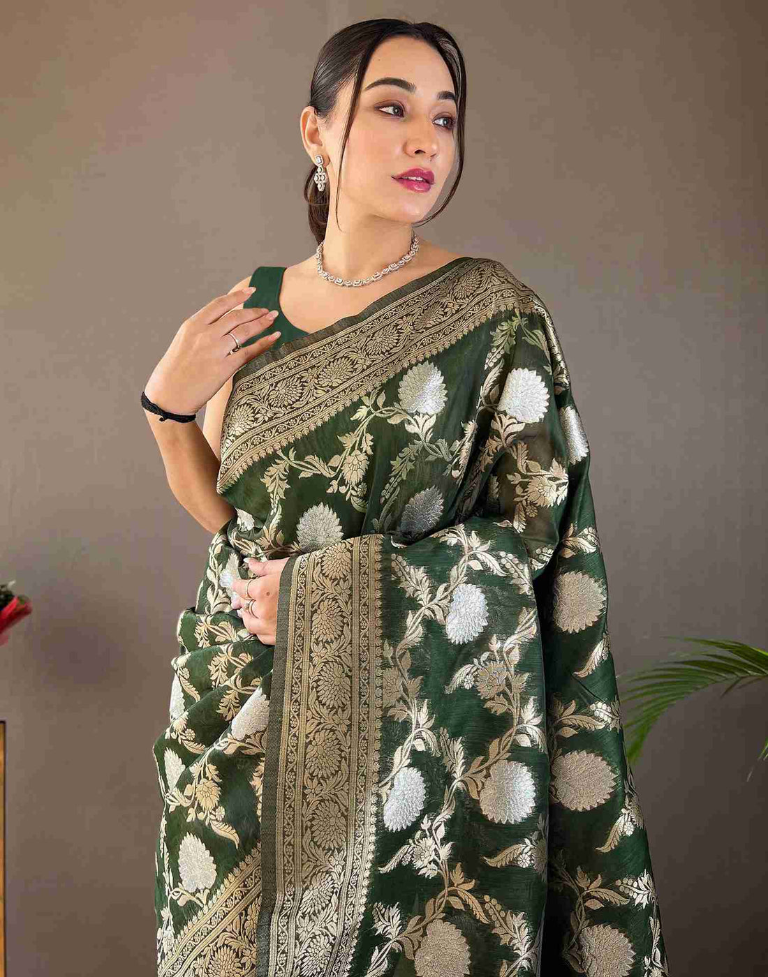 Dark Green Woven Banarasi Silk Saree