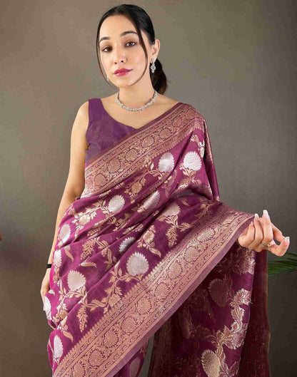 Dark Magenta Woven Banarasi Silk Saree