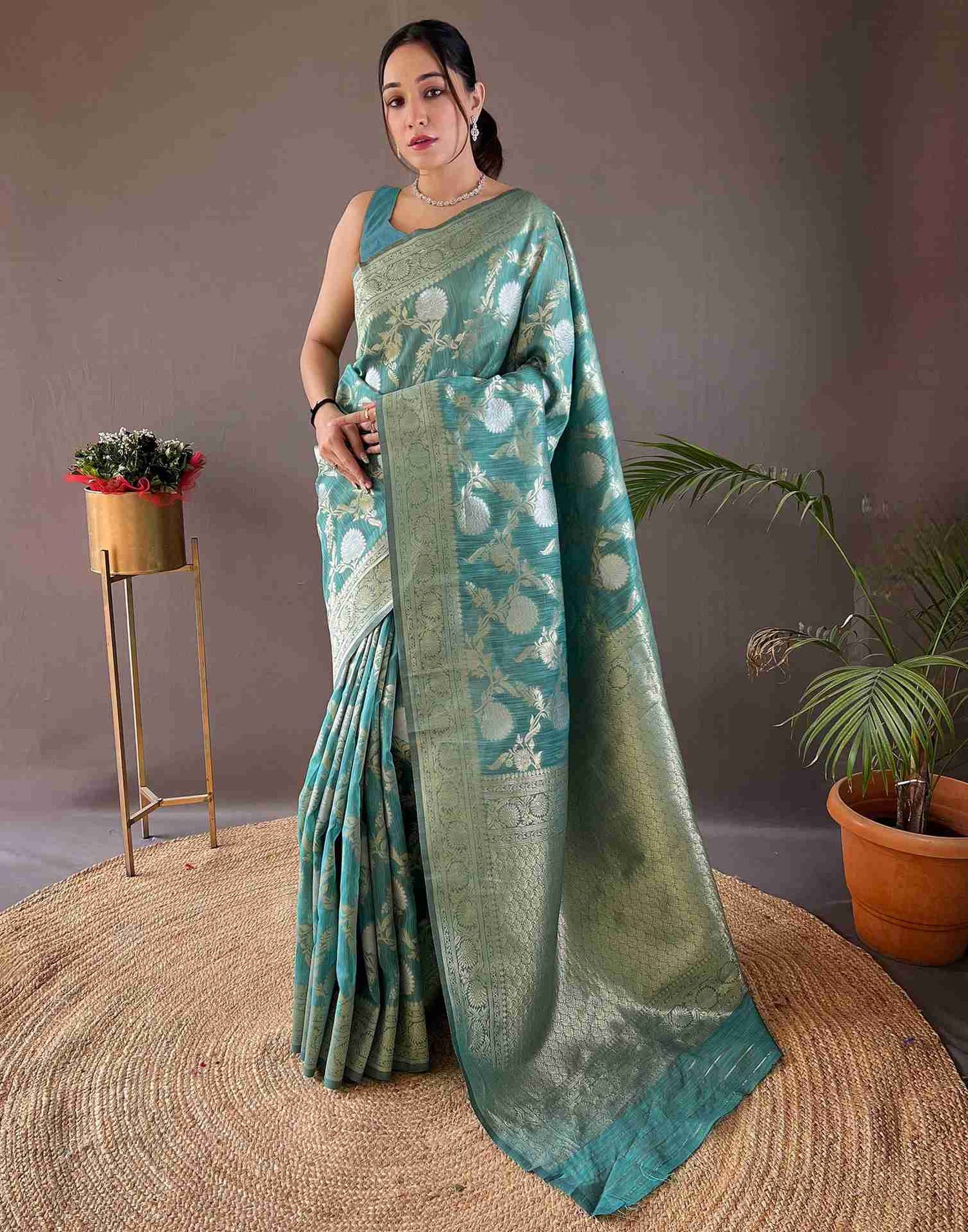 Turquoise Woven Banarasi Silk Saree