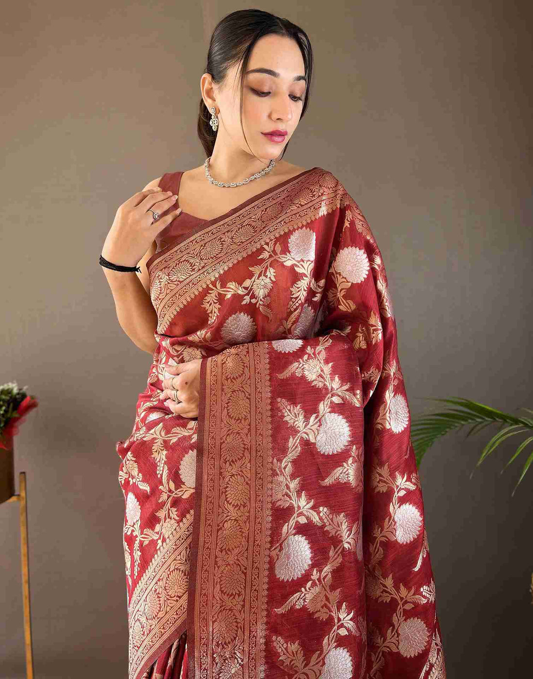 Chestnut Brown Woven Banarasi Silk Saree