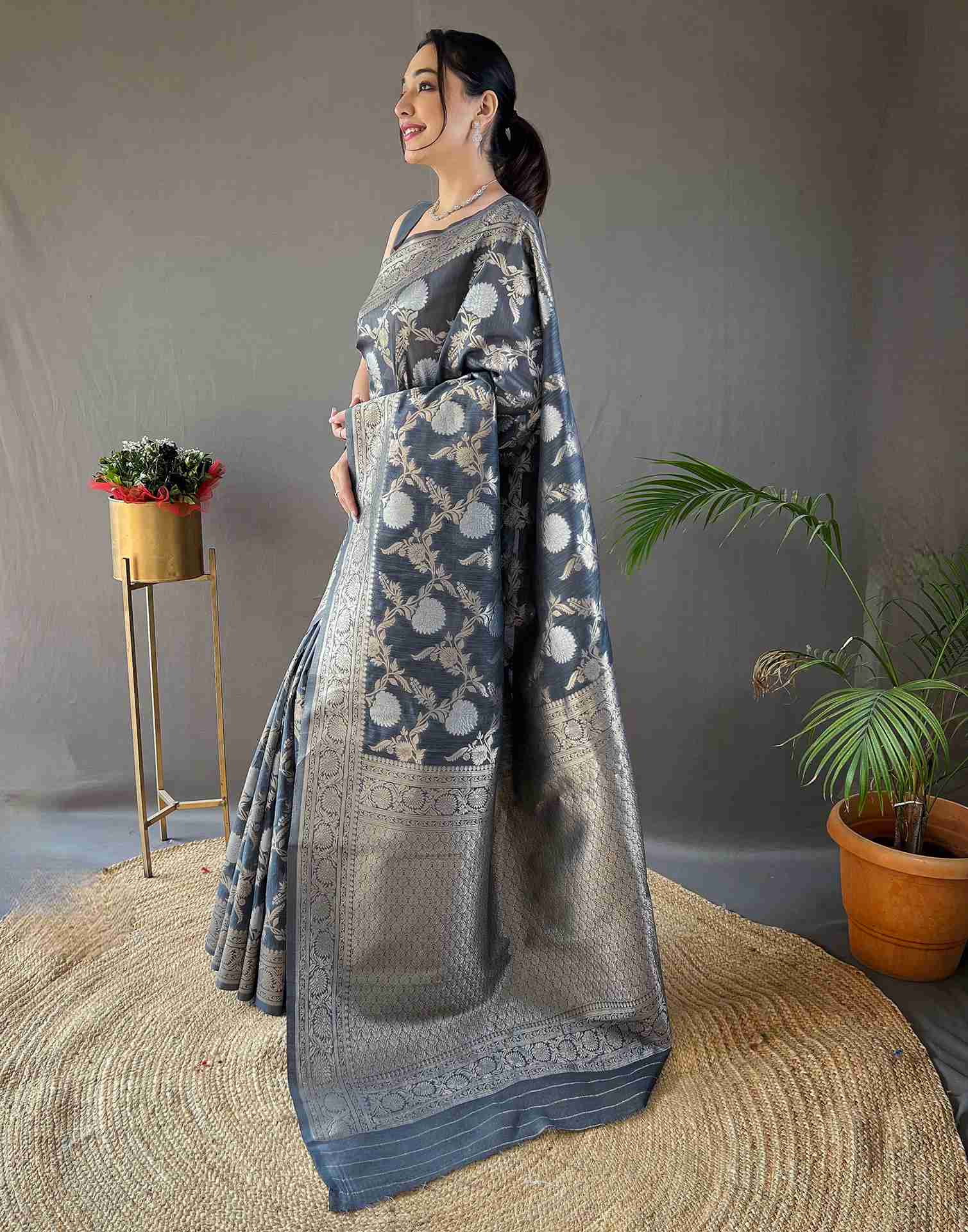 Steel Grey Woven Banarasi Silk Saree