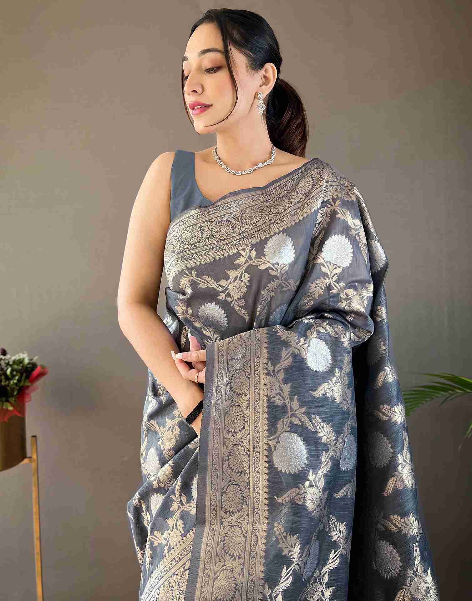 Steel Grey Woven Banarasi Silk Saree