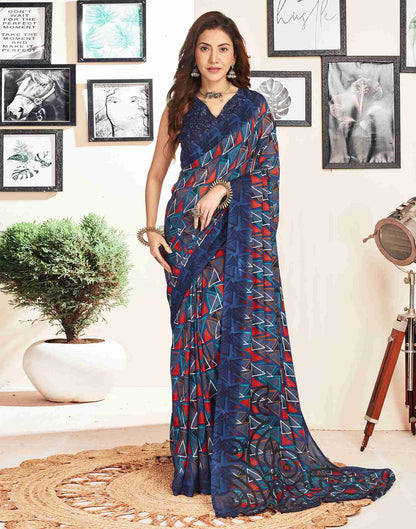 Navy Blue Georgette Geometric Printed Saree