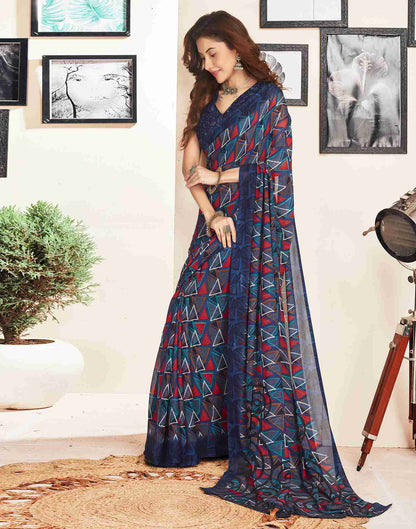 Navy Blue Georgette Geometric Printed Saree