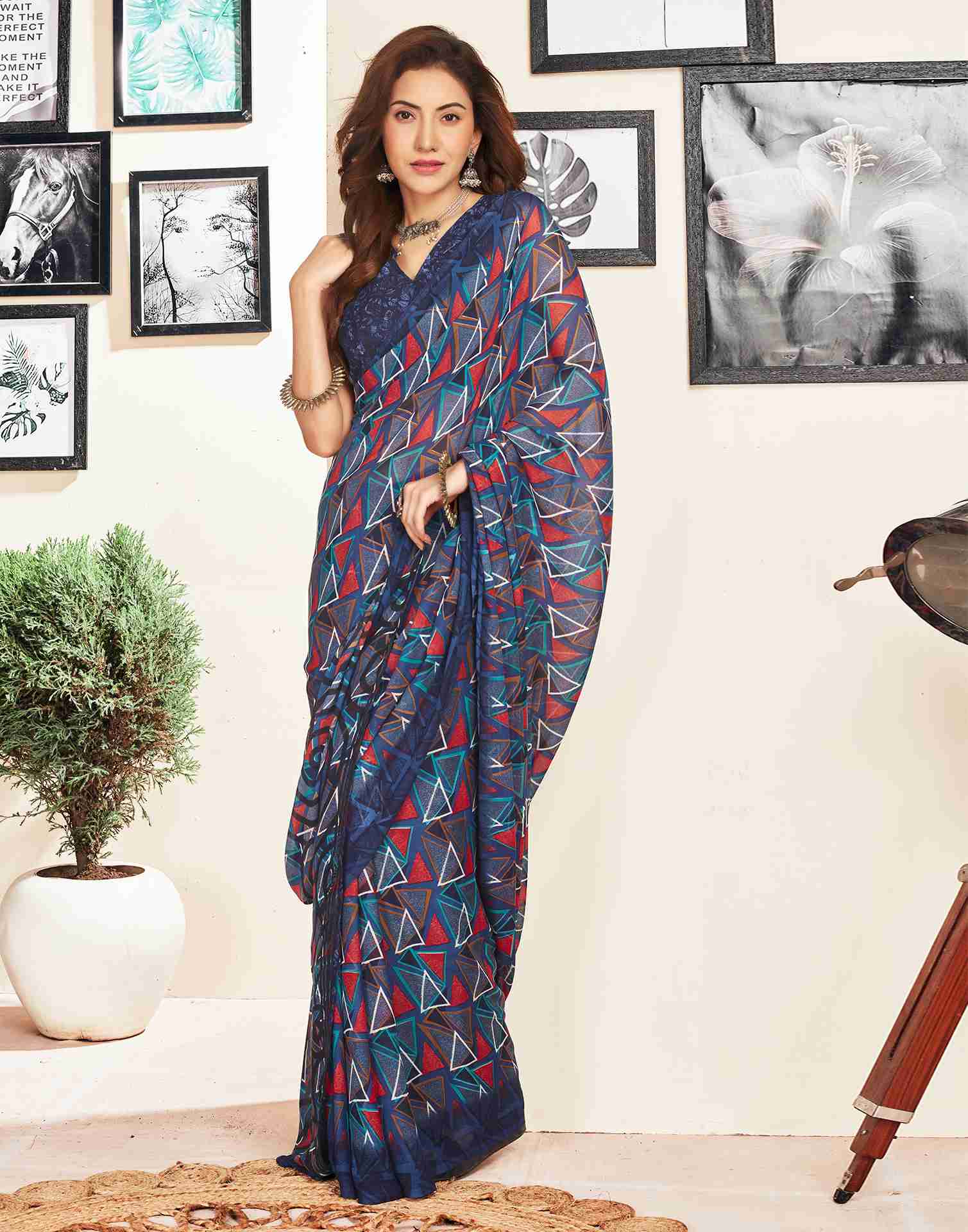 Navy Blue Georgette Geometric Printed Saree