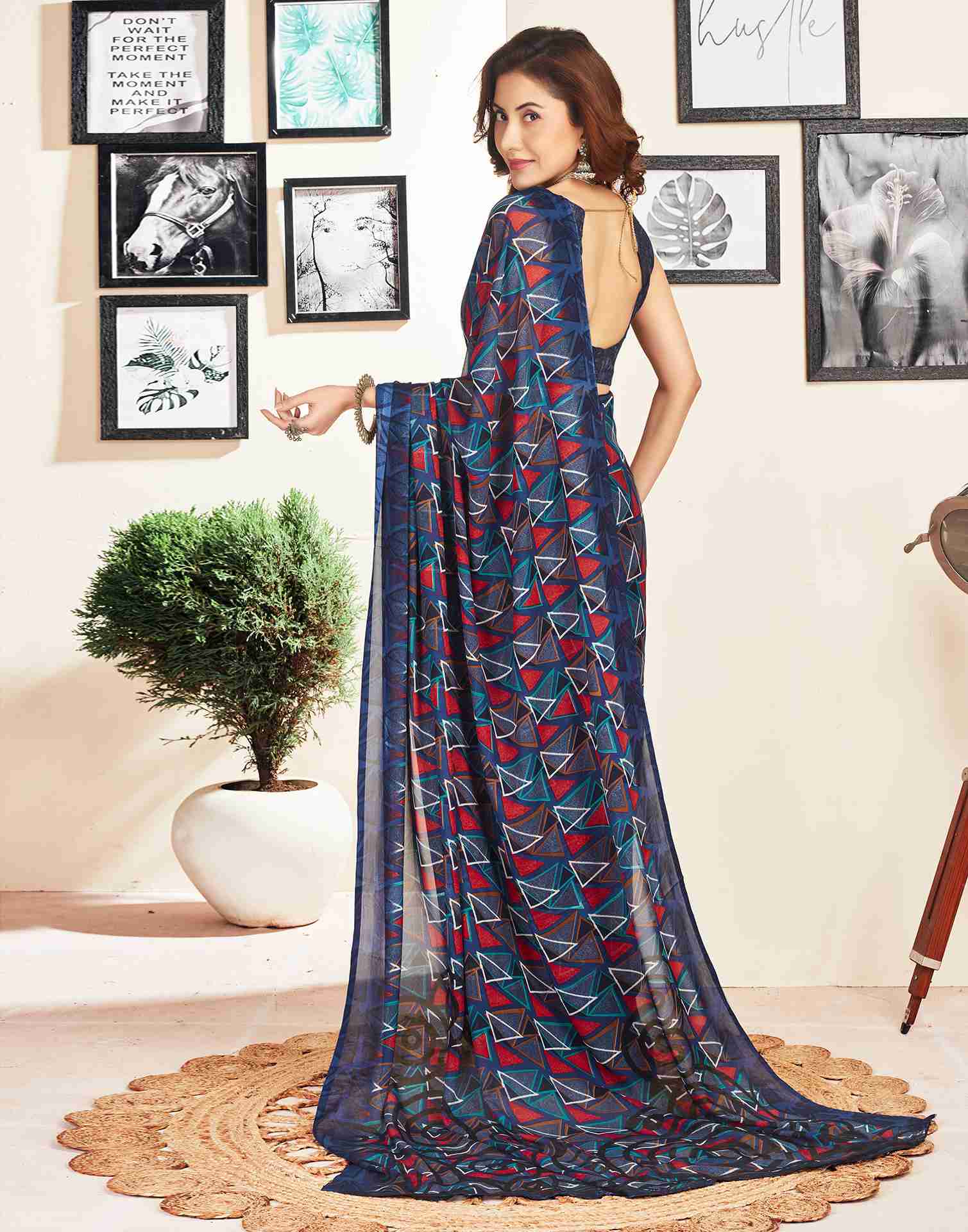 Navy Blue Georgette Geometric Printed Saree