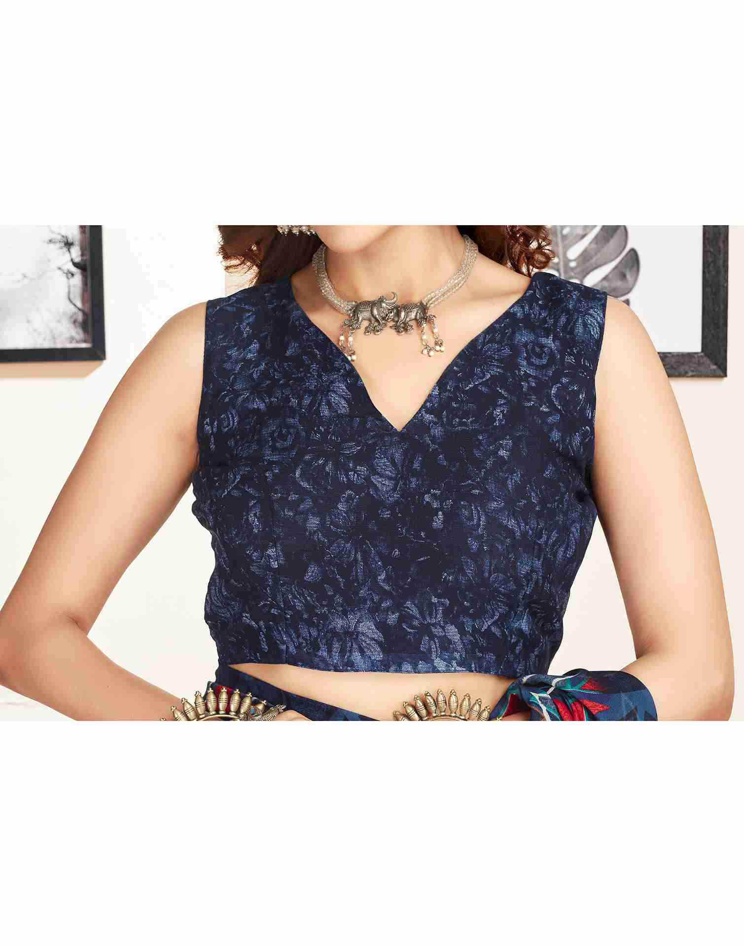 Navy Blue Georgette Geometric Printed Saree