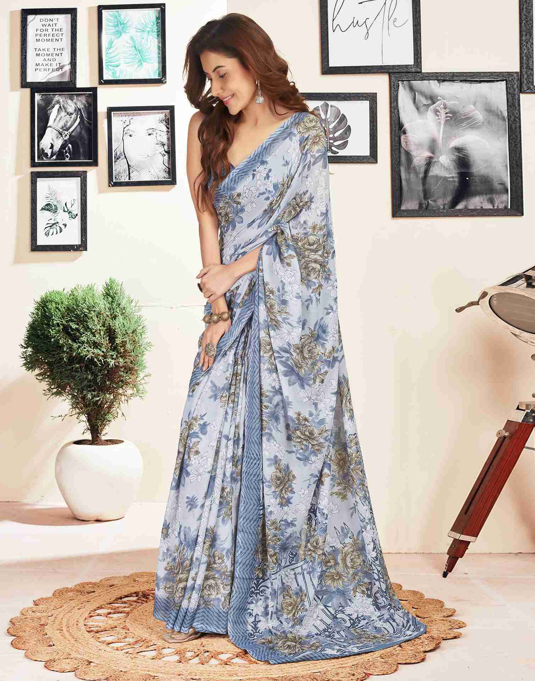 Grey Georgette Printed Saree