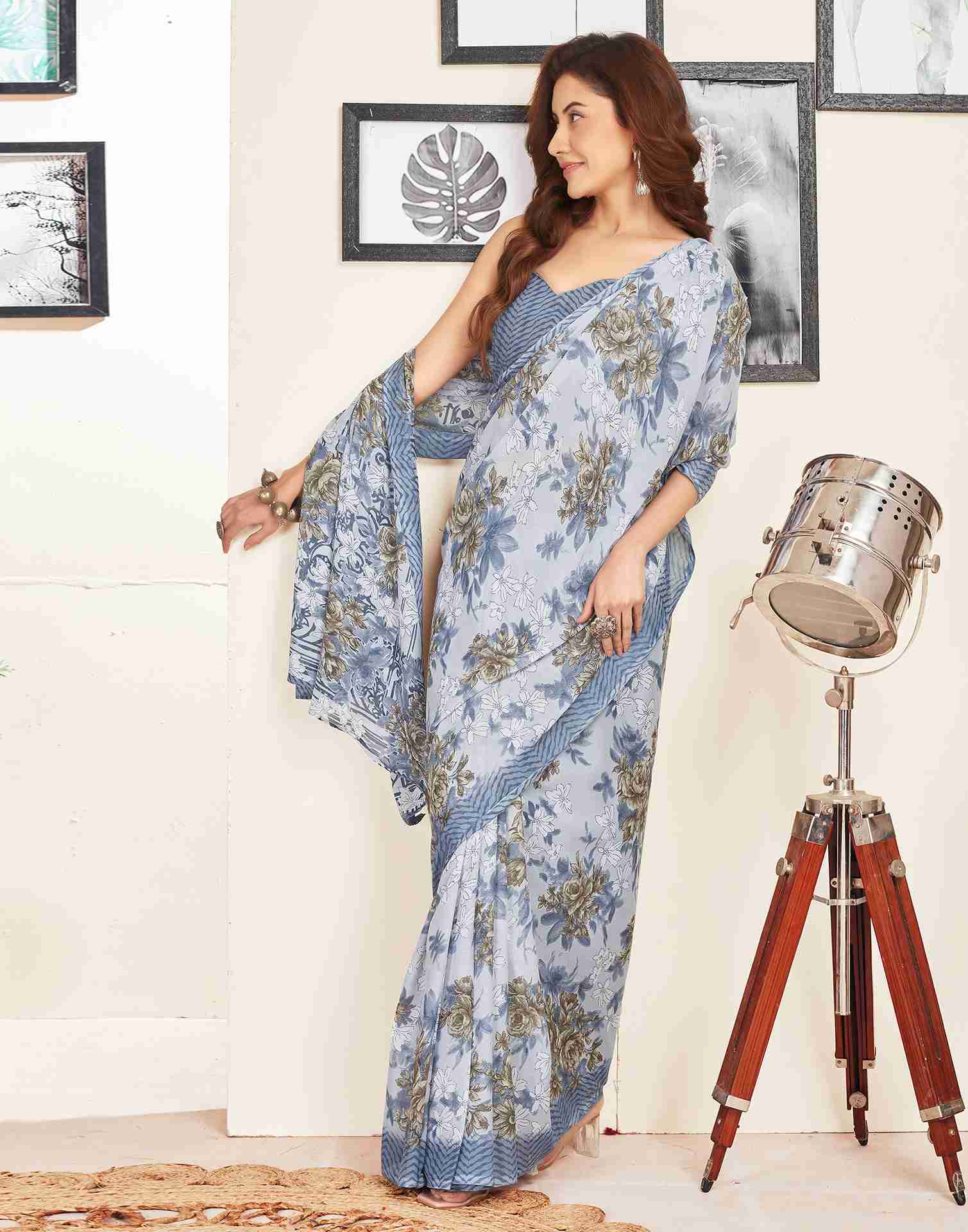 Grey Georgette Printed Saree