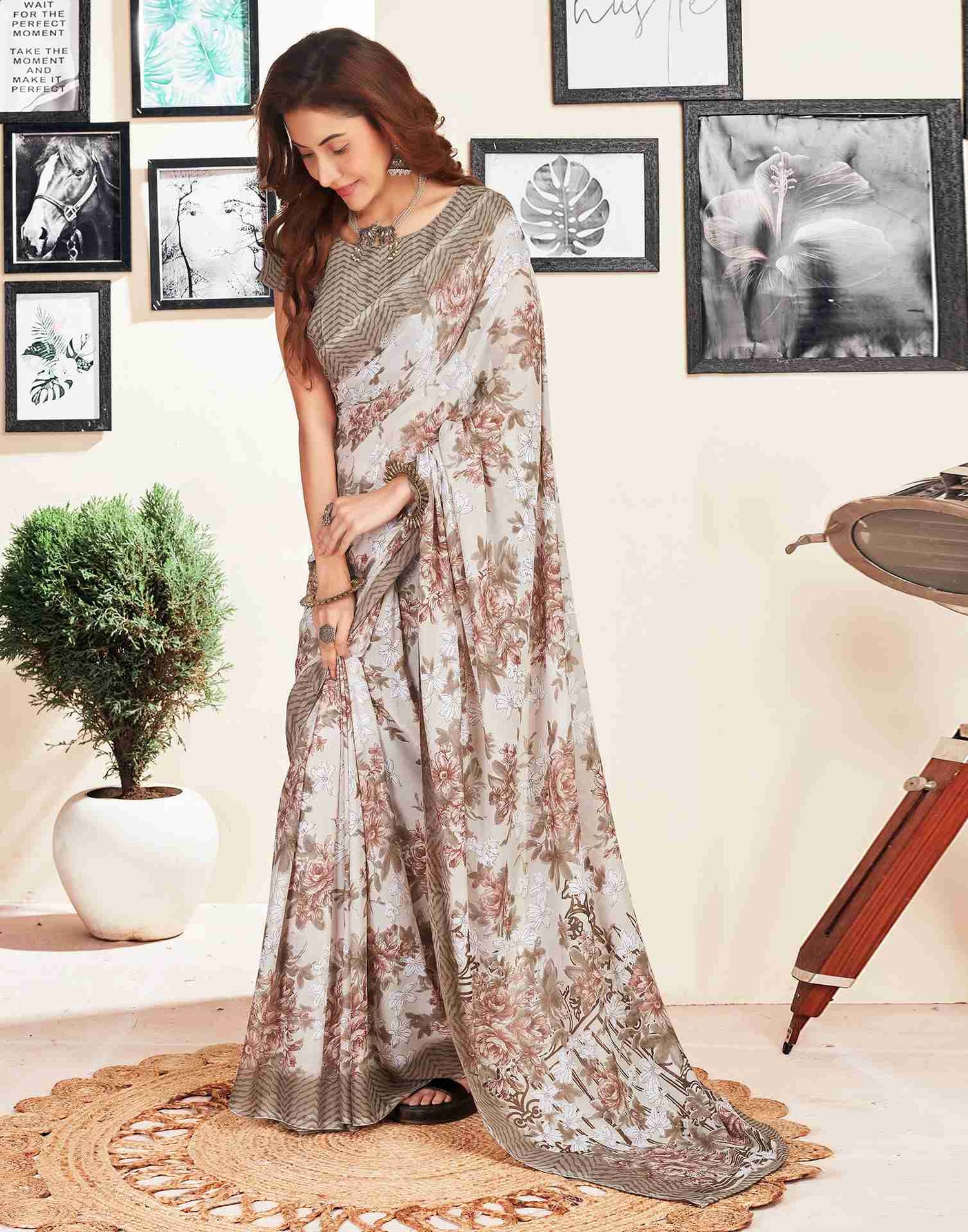 Light Beige Georgette Printed Saree