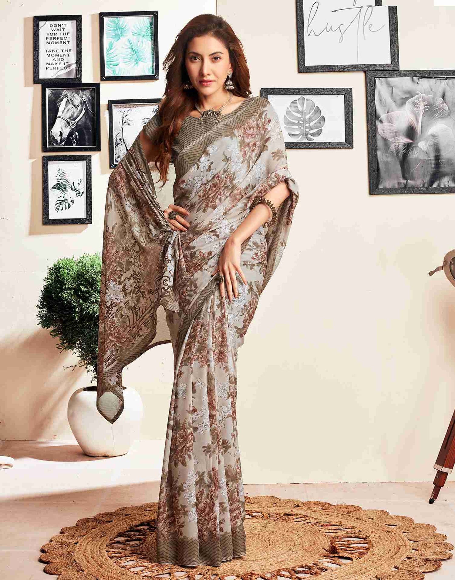 Light Beige Georgette Printed Saree