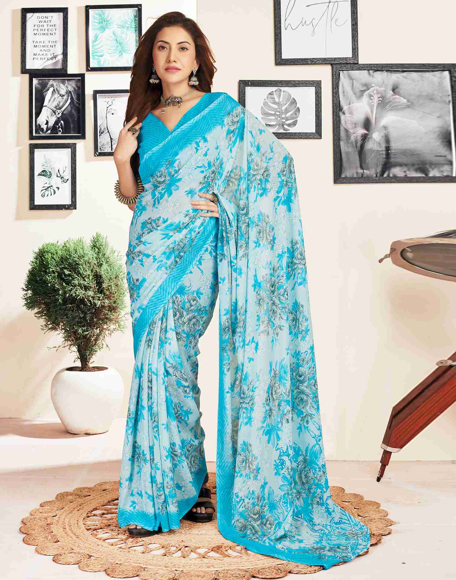 Blue Georgette Printed Saree