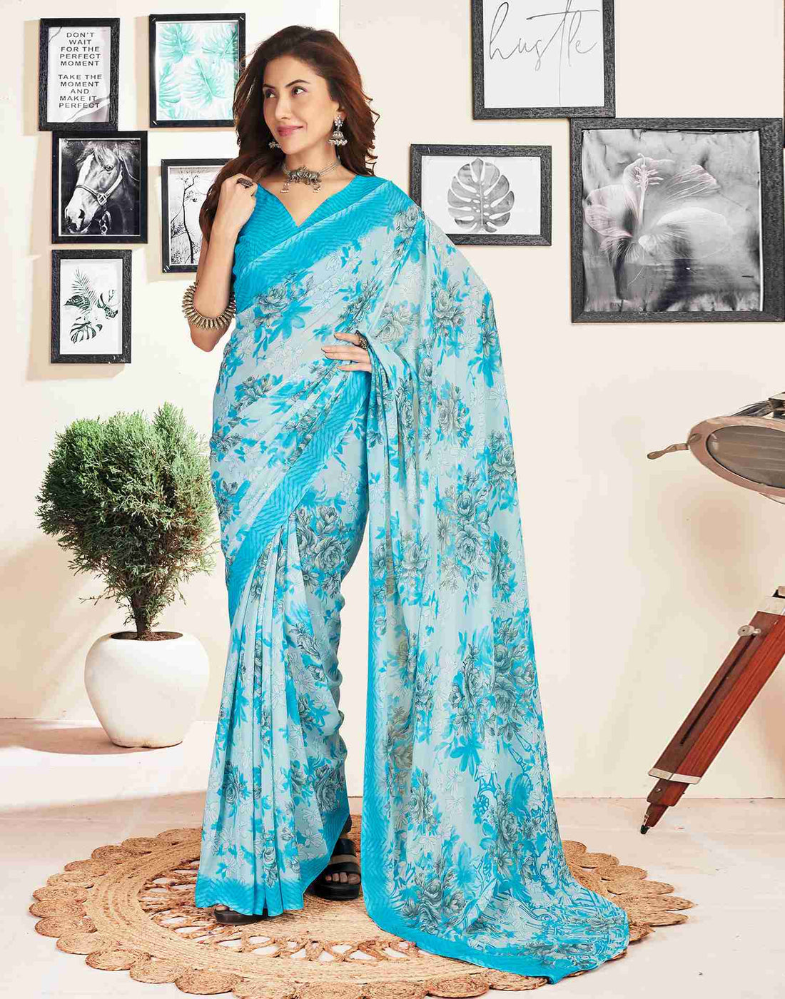 Blue Georgette Printed Saree