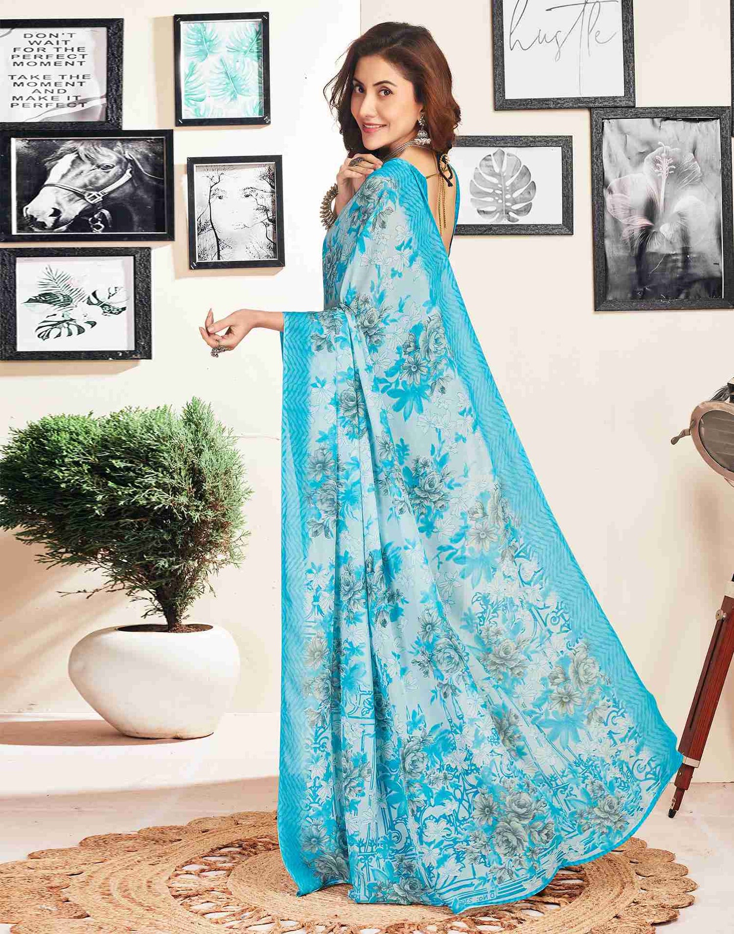 Blue Georgette Printed Saree