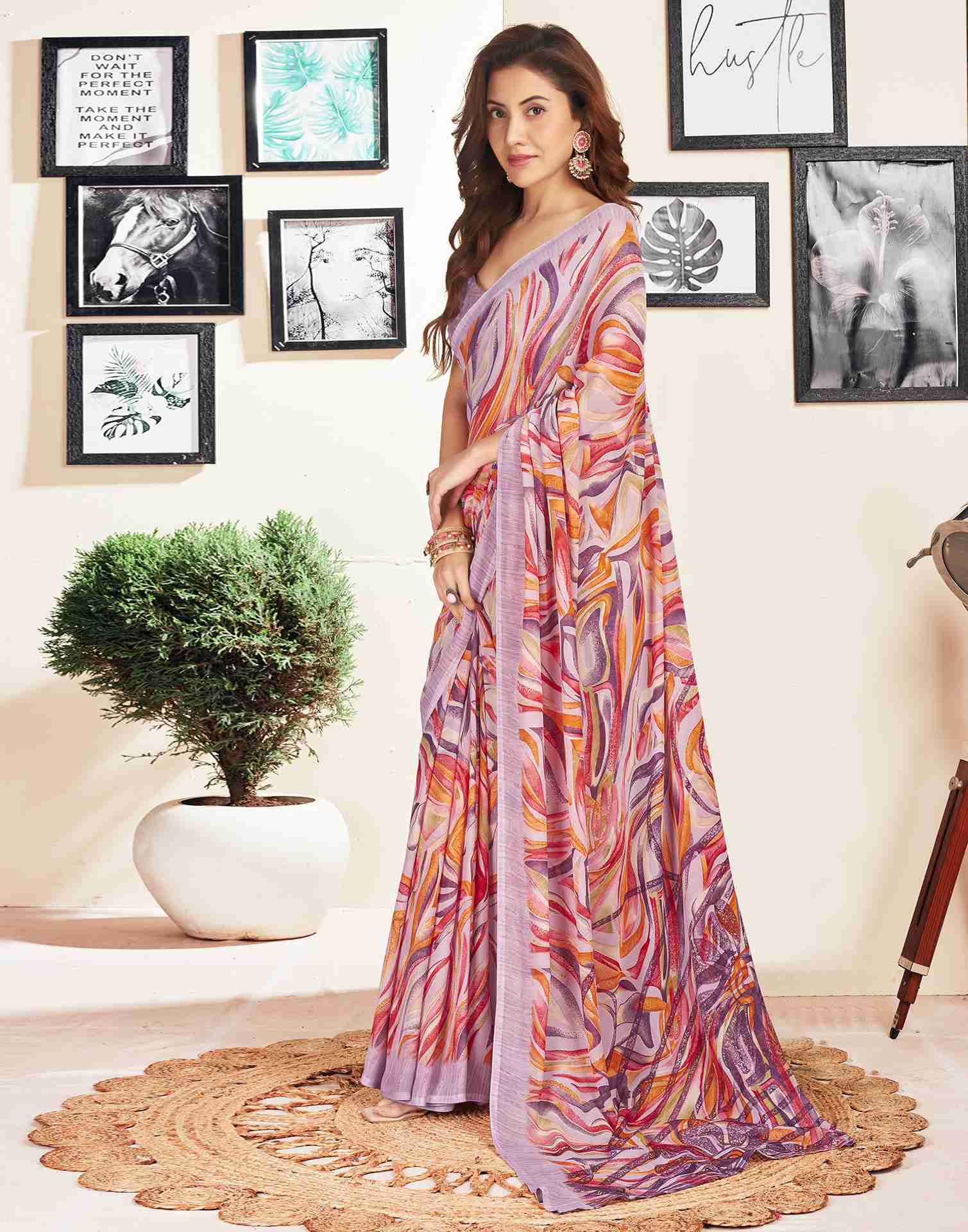 Dusty Light Mauve Georgette Geometric Printed Saree