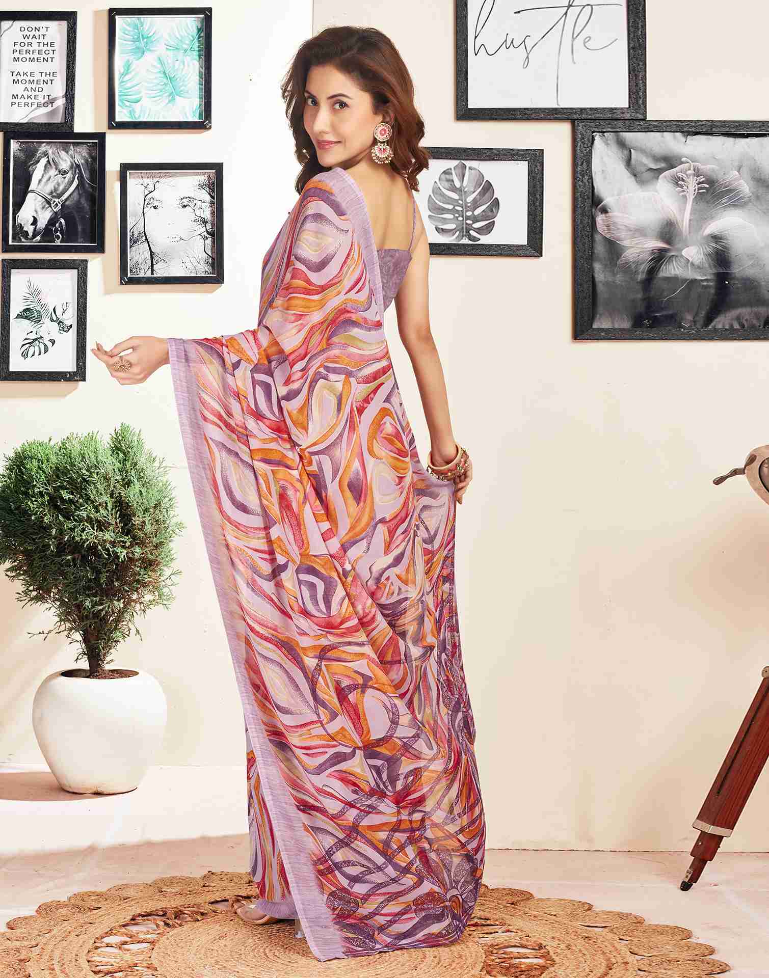 Dusty Light Mauve Georgette Geometric Printed Saree