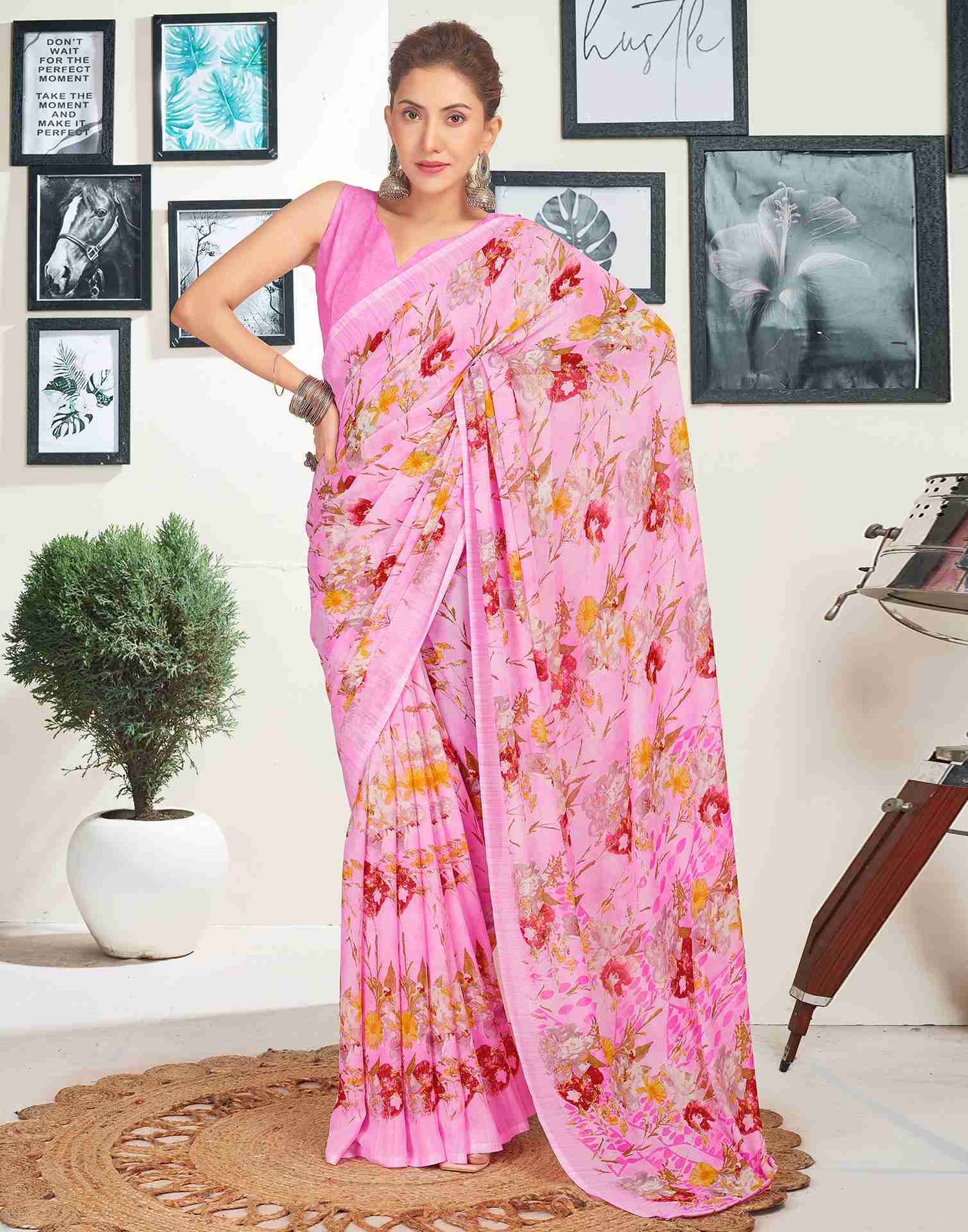 Pink Georgette Printed Saree