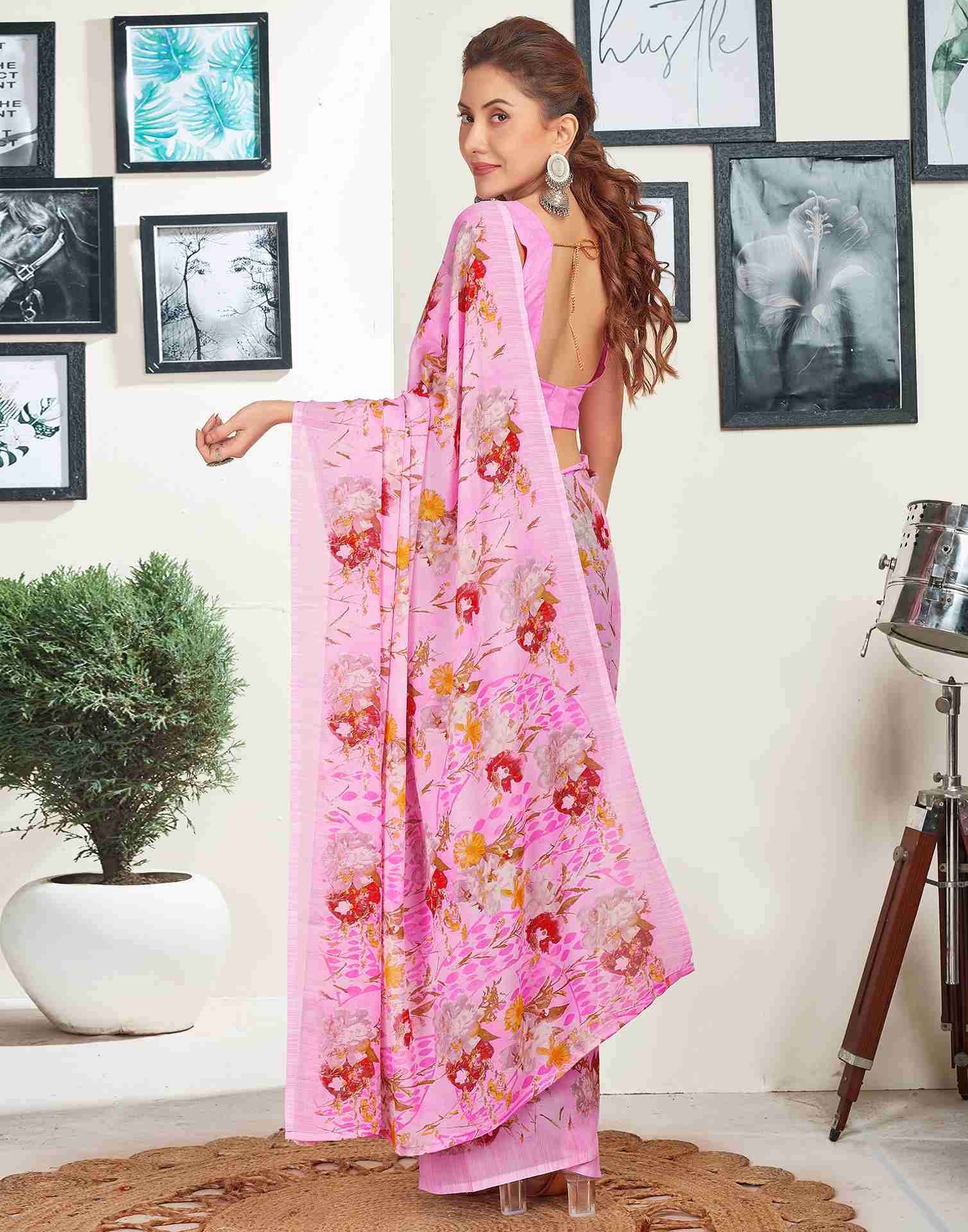 Pink Georgette Printed Saree