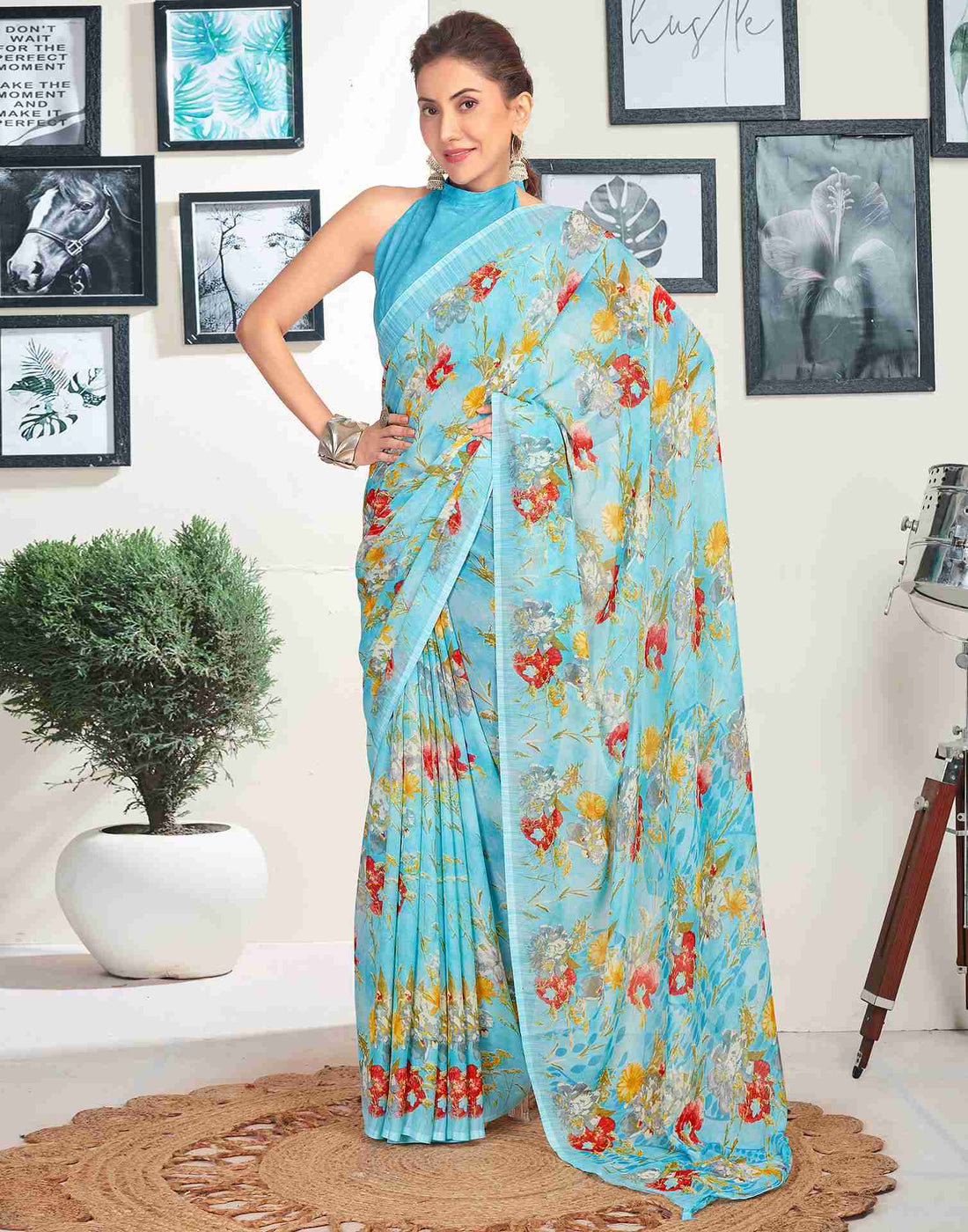 Blue Georgette Printed Saree