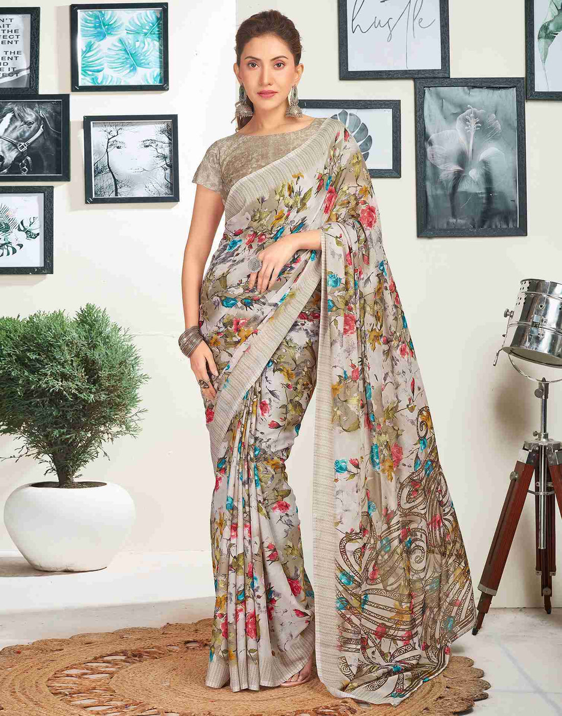 Light Beige Georgette Printed Saree