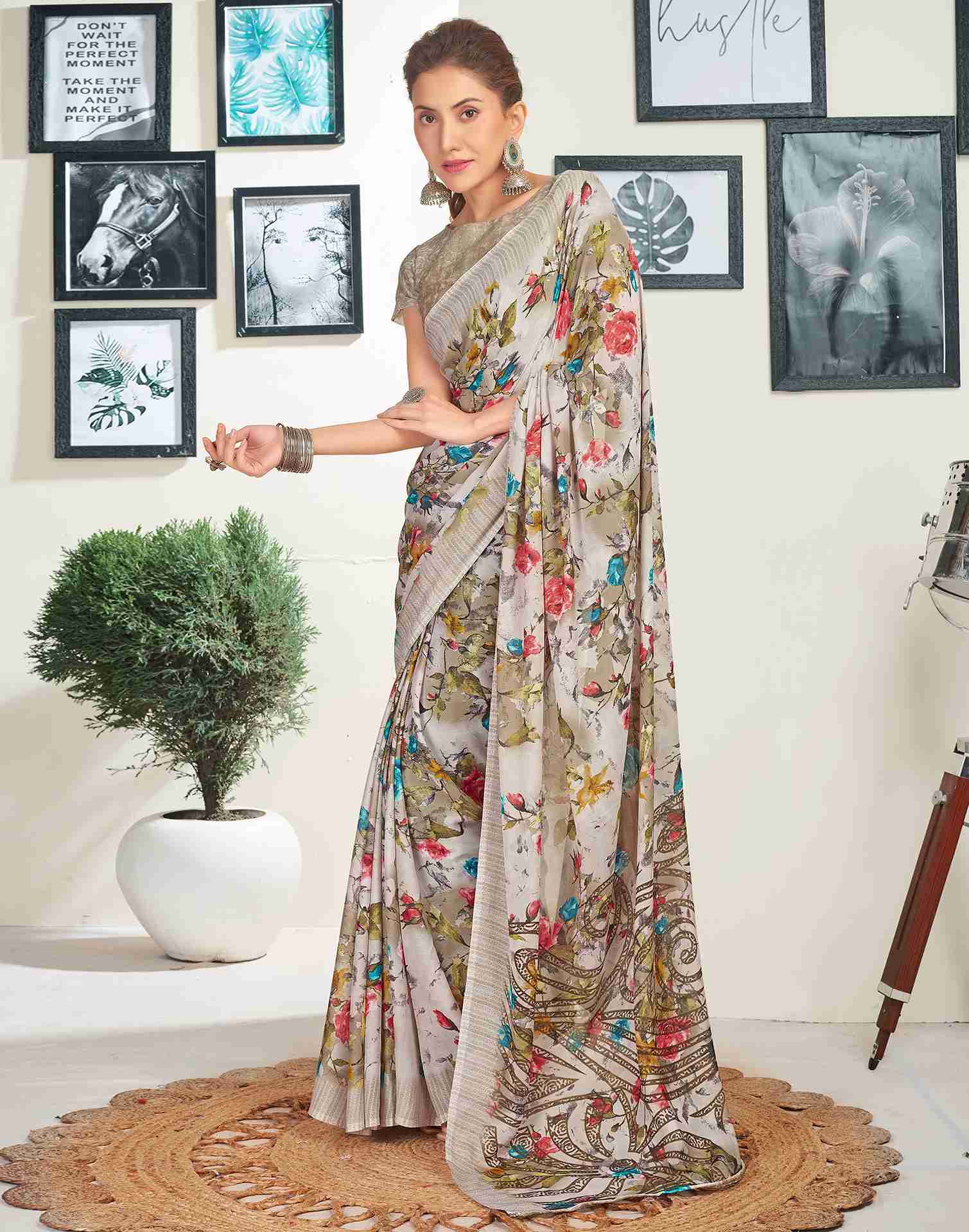 Light Beige Georgette Printed Saree