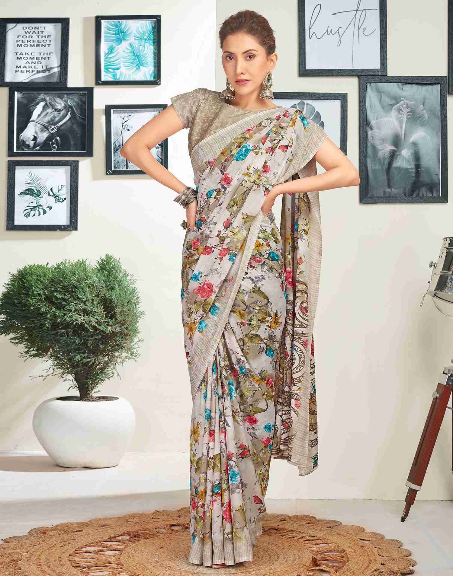 Light Beige Georgette Printed Saree