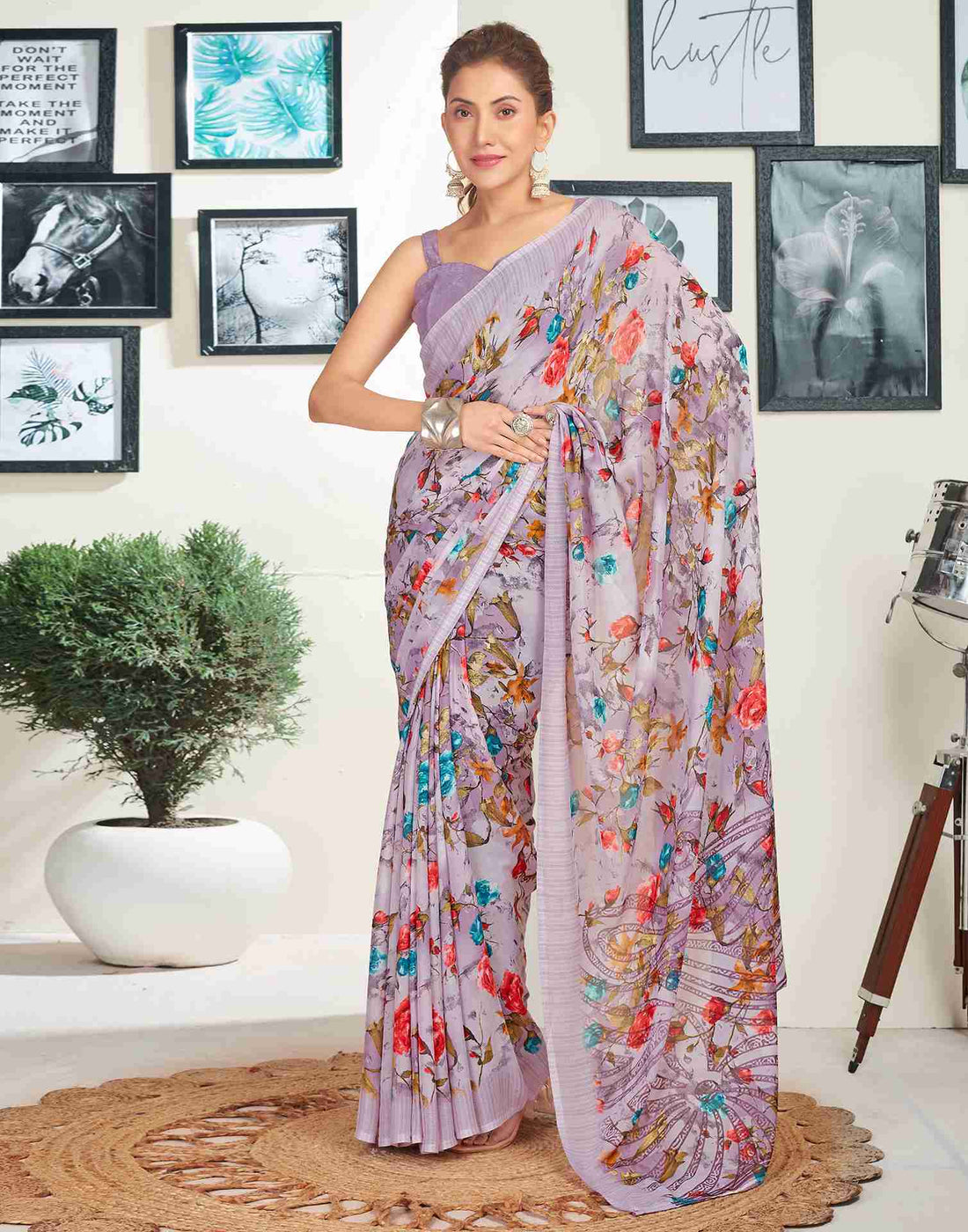 Dusty Light Purple Georgette Printed Saree