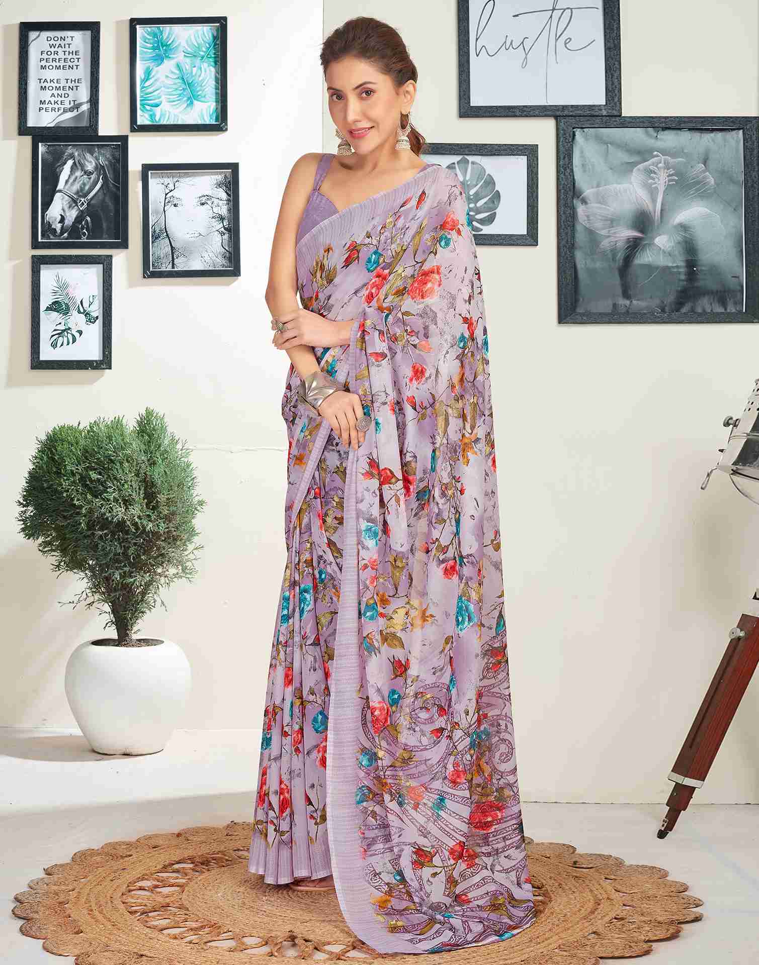 Dusty Light Purple Georgette Printed Saree