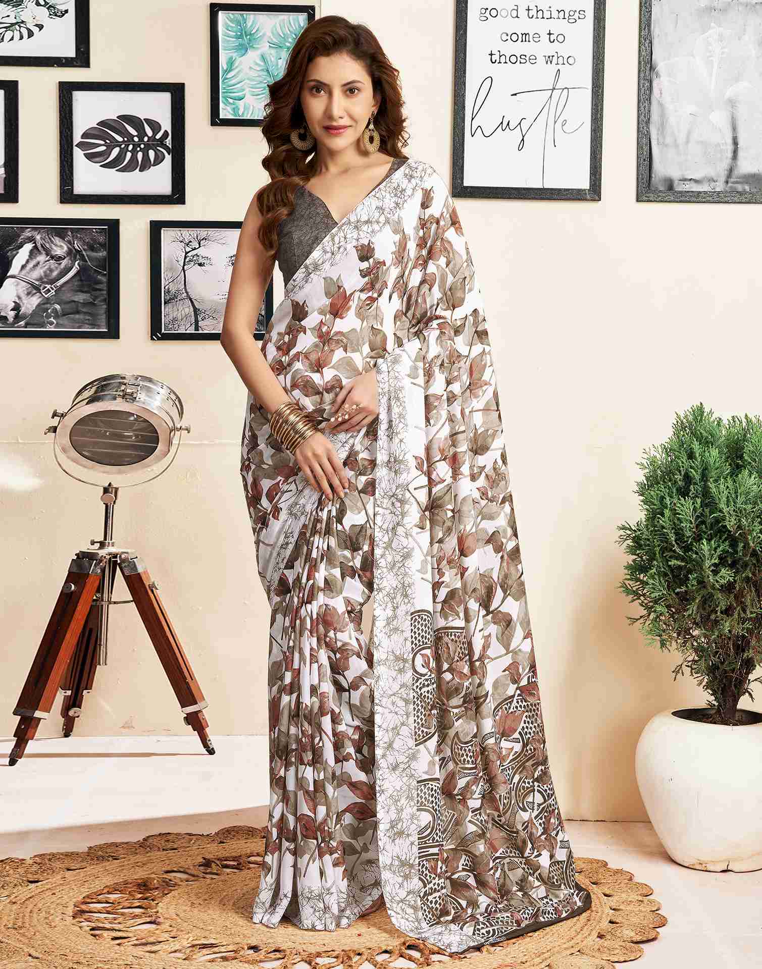 White Georgette Printed Saree