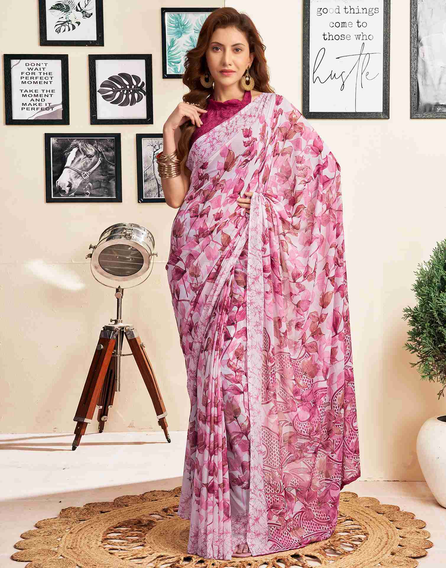 White Georgette Printed Saree