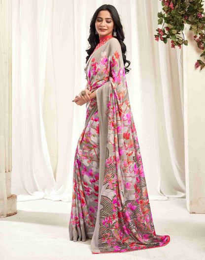 Stone Grey Georgette Printed Saree