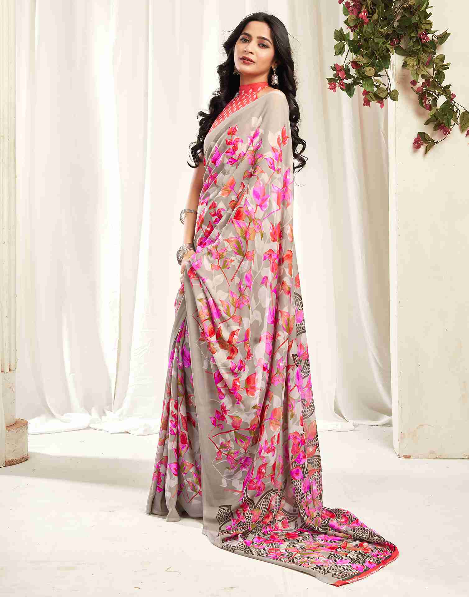 Stone Grey Georgette Printed Saree