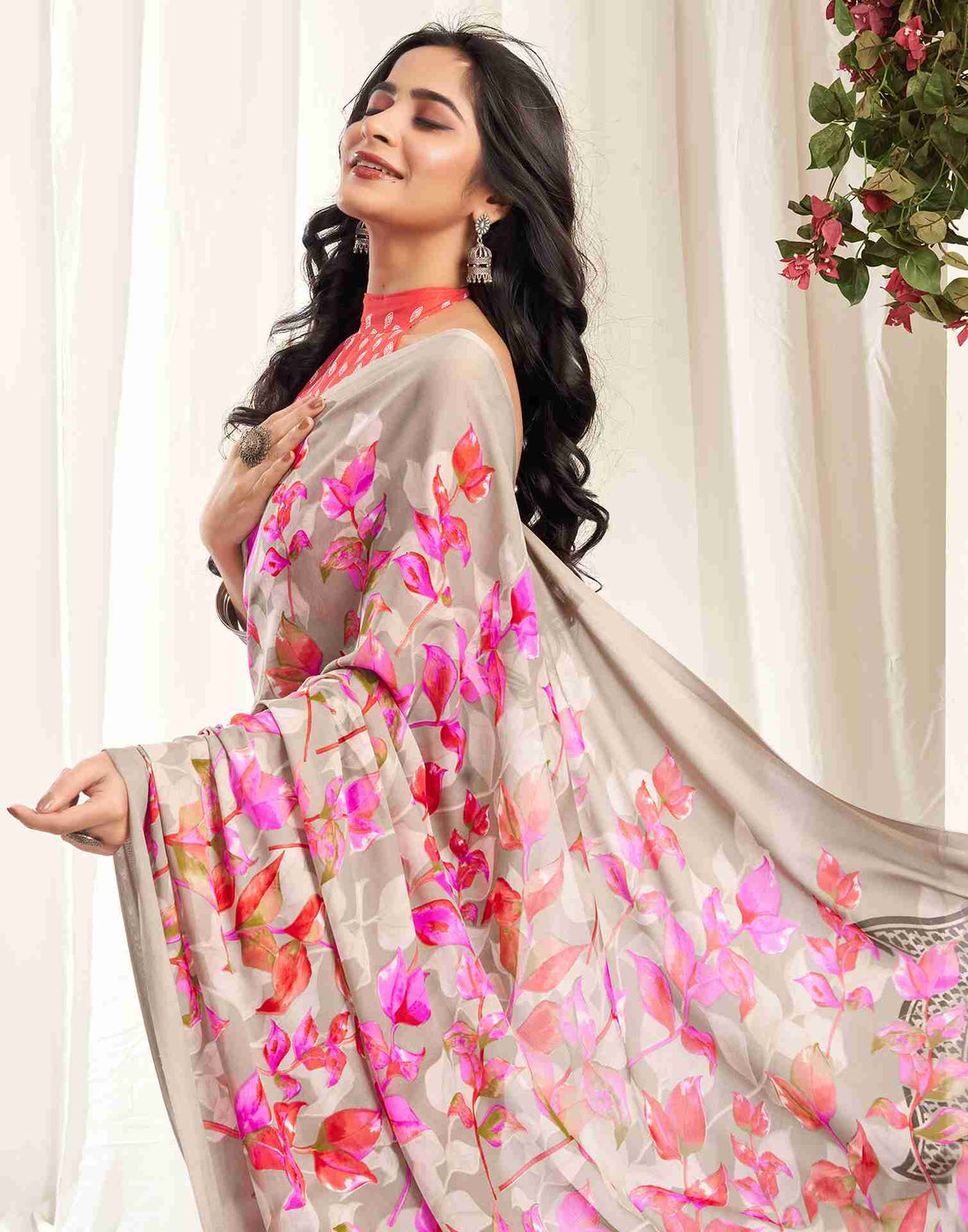 Stone Grey Georgette Printed Saree