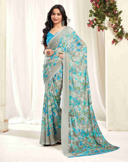 Stone Grey Georgette Printed Saree