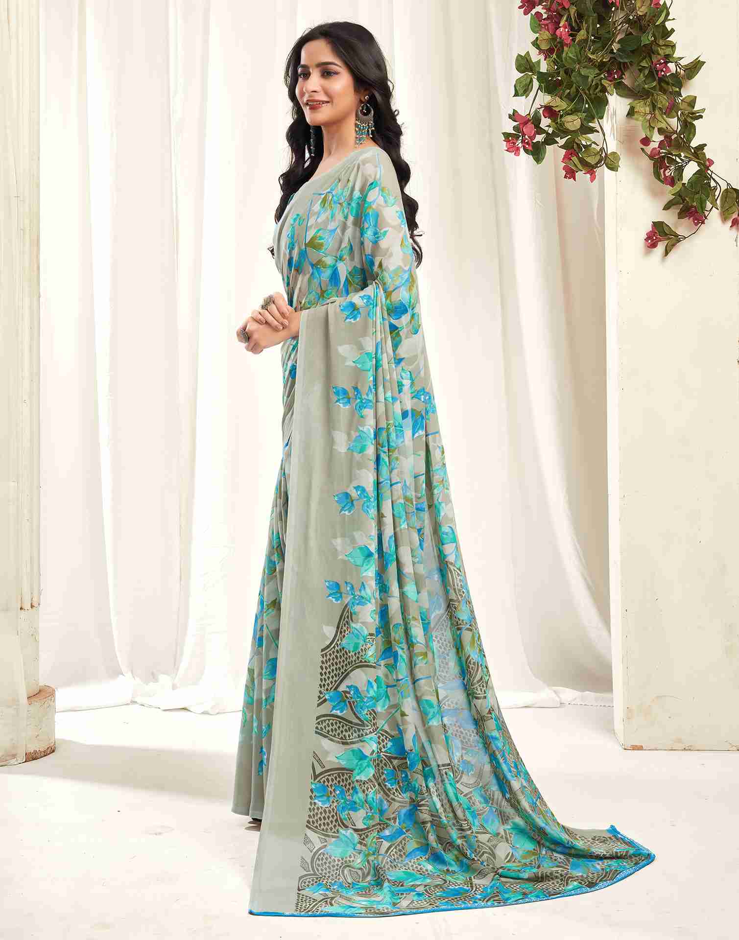 Stone Grey Georgette Printed Saree