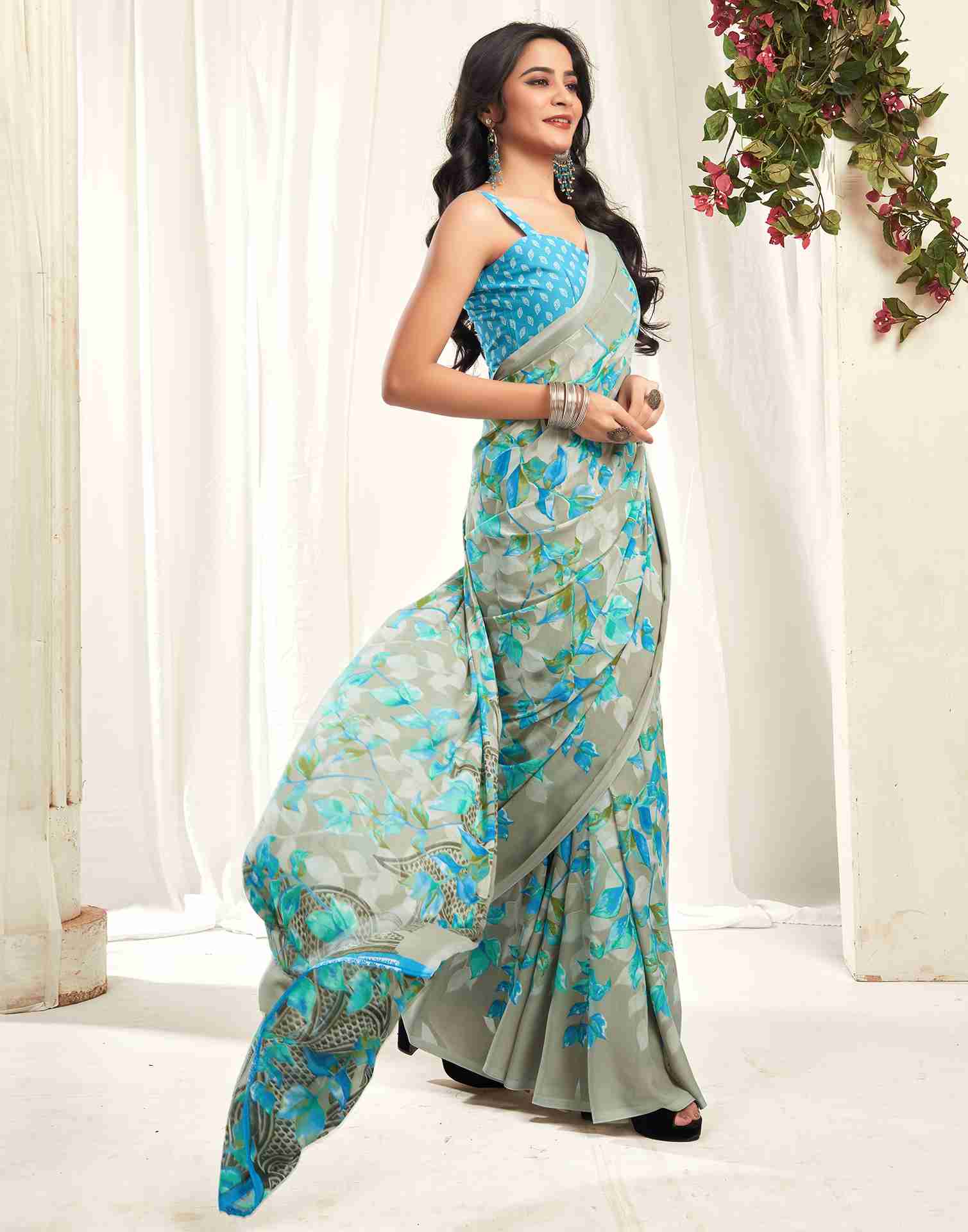 Stone Grey Georgette Printed Saree