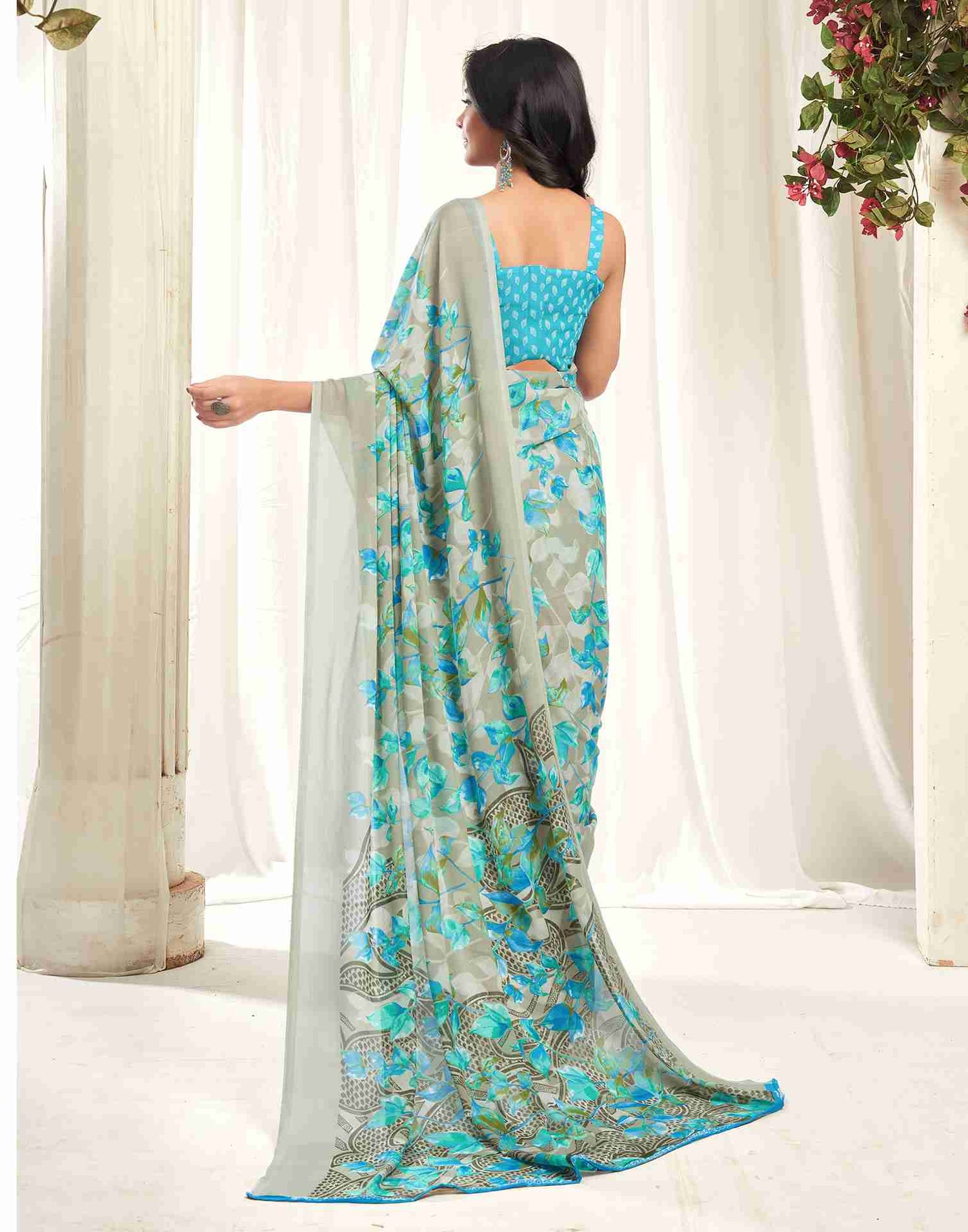 Stone Grey Georgette Printed Saree