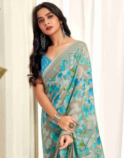 Stone Grey Georgette Printed Saree