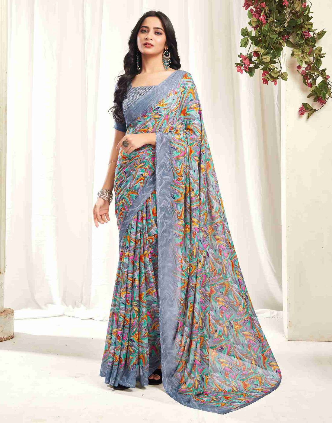 Dusty Blue Georgette Printed Saree