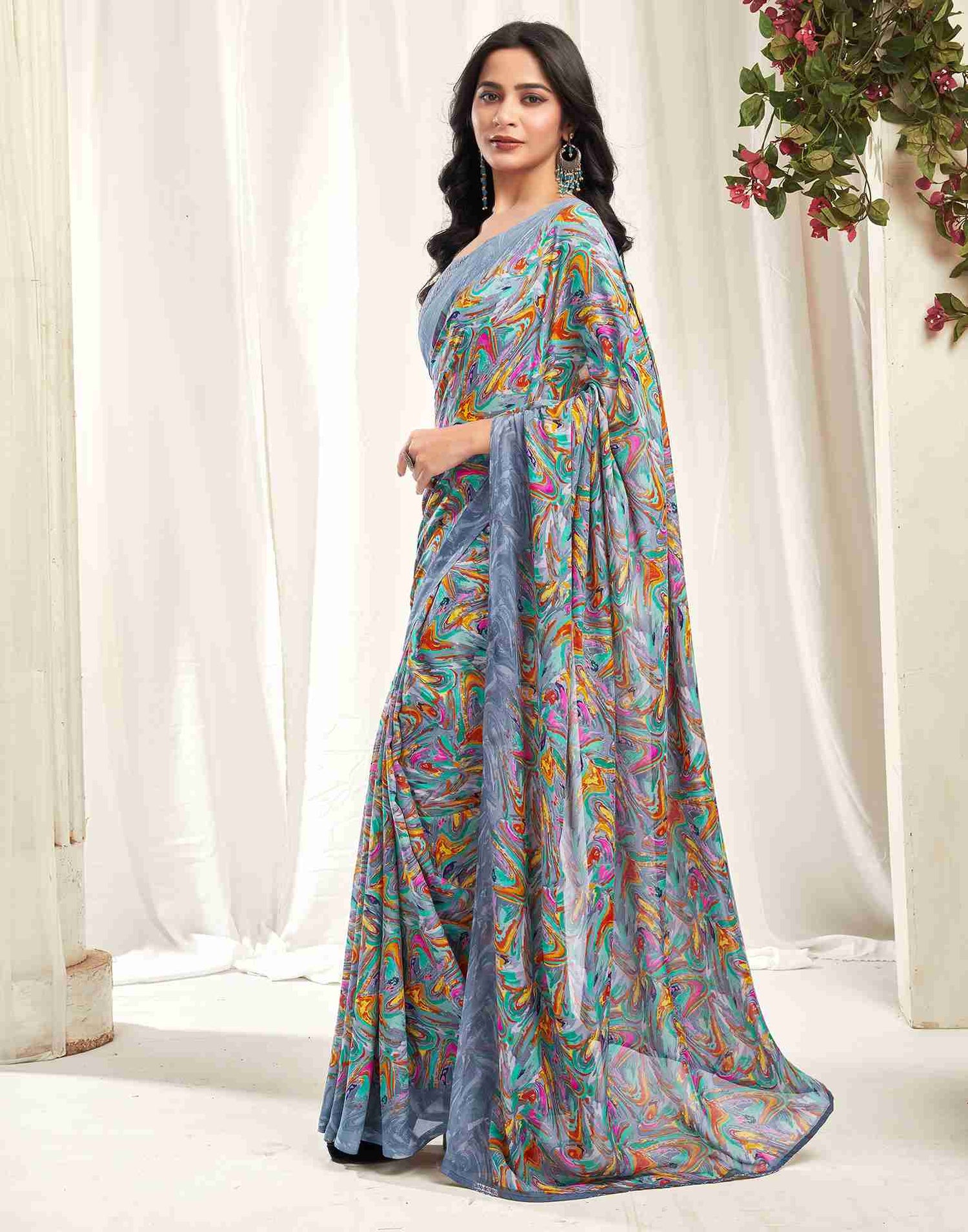 Dusty Blue Georgette Printed Saree