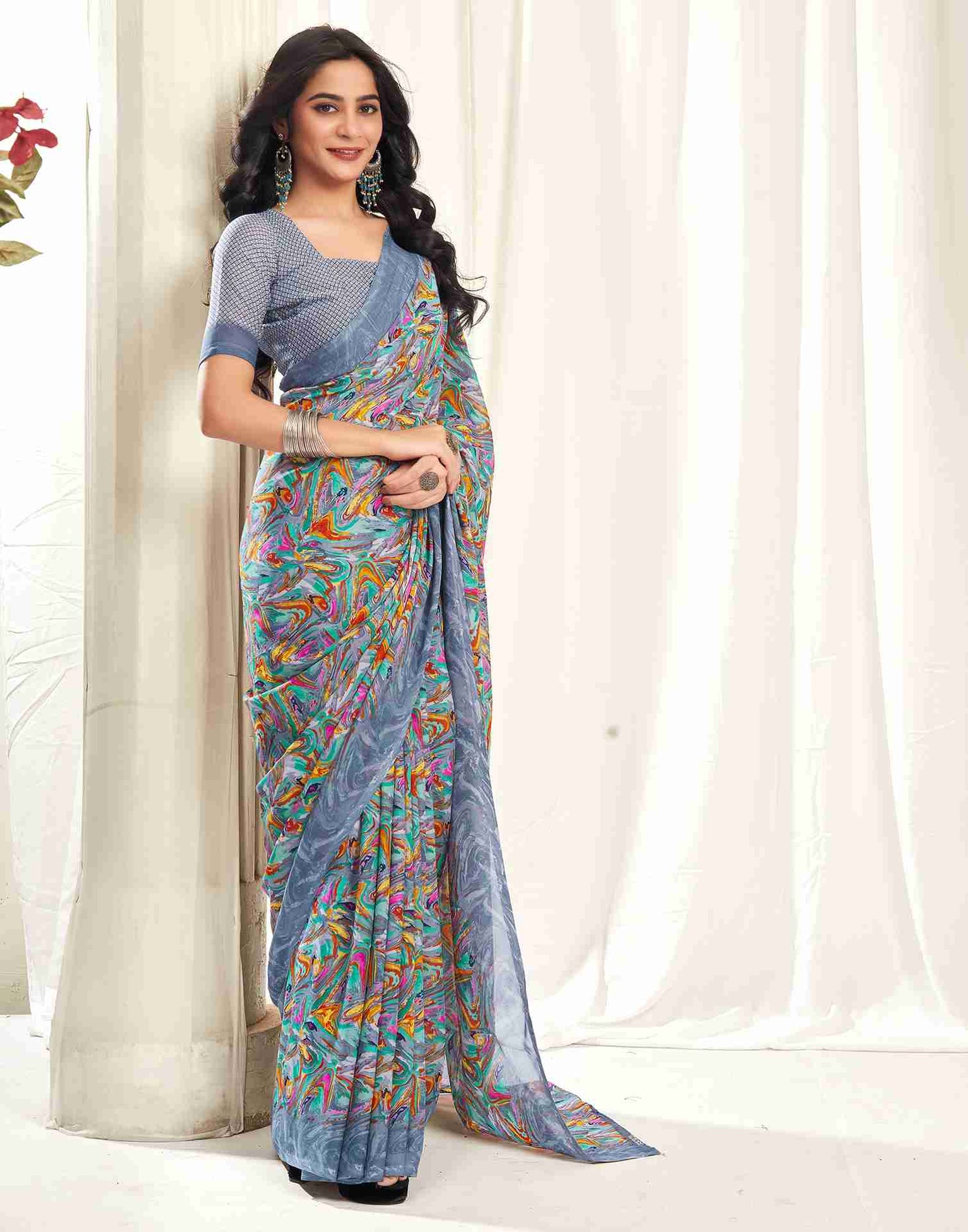 Dusty Blue Georgette Printed Saree