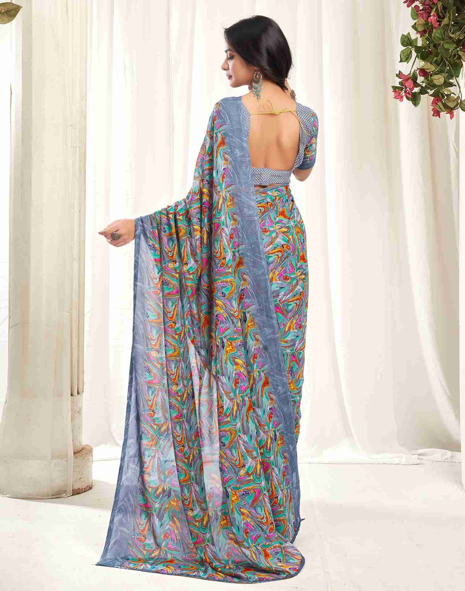 Dusty Blue Georgette Printed Saree