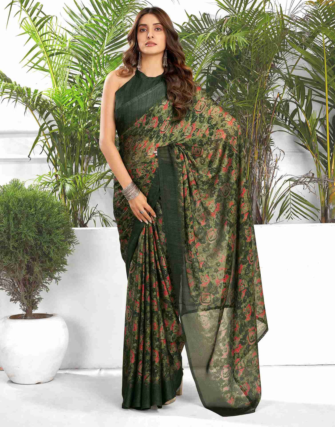 Dark Green Georgette Printed Saree