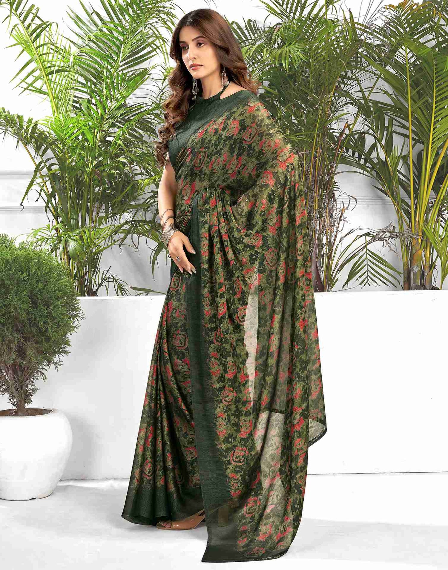 Dark Green Georgette Printed Saree